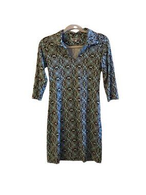 Barbara Gerwit XS Brown Turquoise Geometric 3/4 Sleeve Collared Stretch Dress
